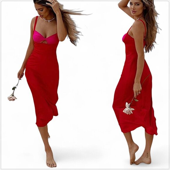 RNWY Syndey Runaway The Label Kelsi Midi Dress Colorblock Slip Red Pink NWT 10 - Picture 2 of 7